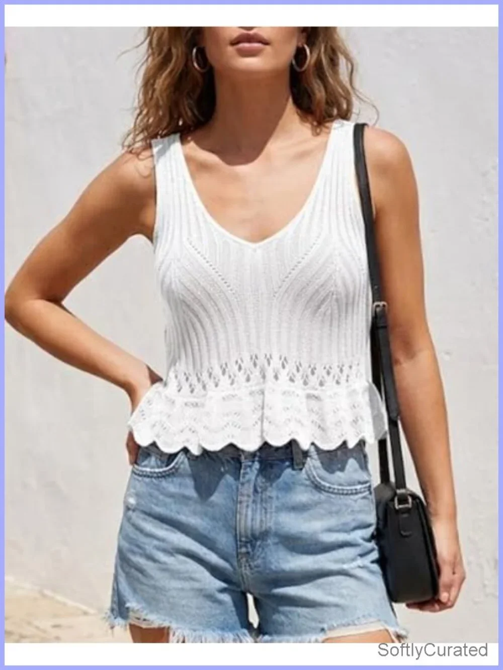 Crochet V Neck Sleeveless Ruffle Crop Tank Top Summer Knit Peplum Vest